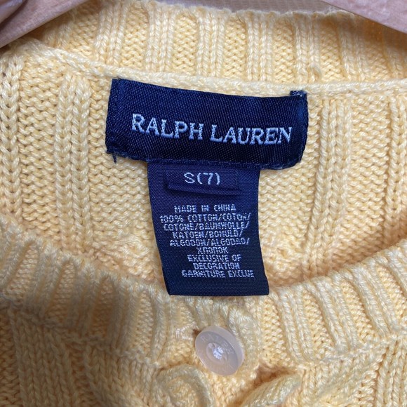 Ralph Lauren Size 7 Yellow Girls Cable Knit Sweater EUC Quarter Button Ruffle S - Picture 9 of 9